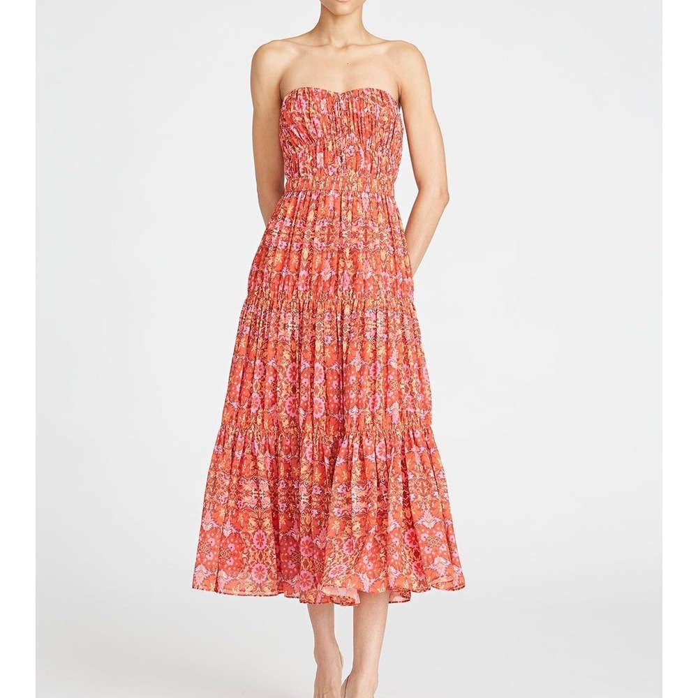 NEW Amur Mariana Rosewood Paisley Floral Strapless Cocktail Tiered Midi Dress‎ 6